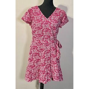 LOFT Dress Womens 12 Pink White Floral V Neck Fit & Flare Tie Waist Ruffle Hem